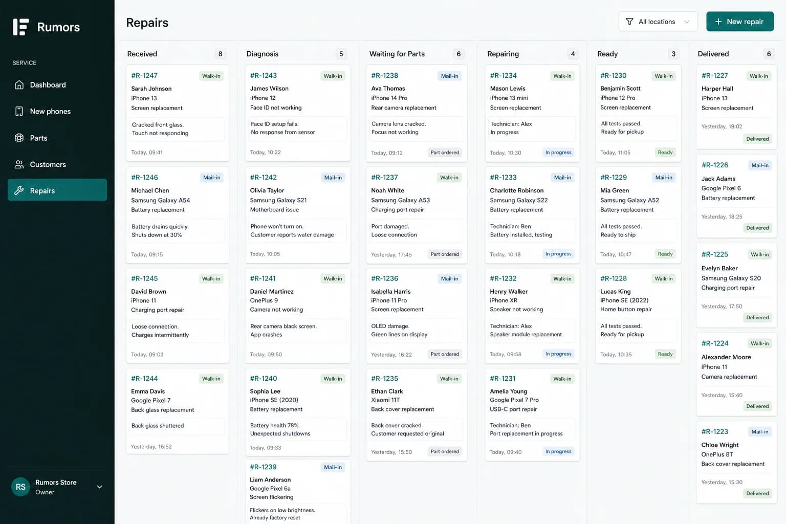 Rumors repair board with job statuses